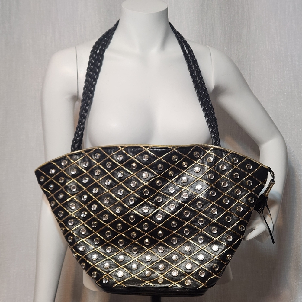 Designed by Isobel USA Studded Oversized Tote Braided Straps Black Gold Tassel
